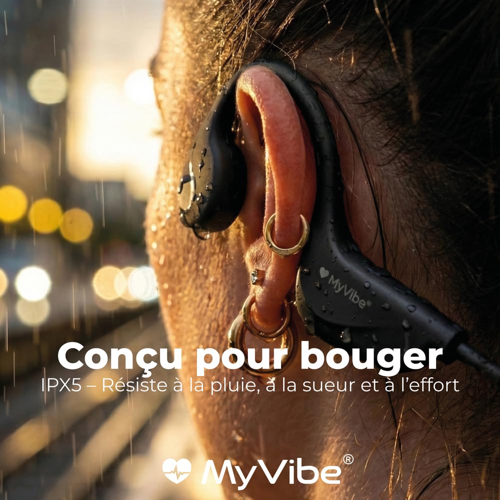MYVIBE is Strong Casque à Conduction Osseuse Sport - Écouteurs Bluetooth Oreilles Libres, Ultra-Léger 27g, IPX5 Étanche Pluie & Sueur, Autonomie 8h, Arceau Ergonomique, Idéal Running & Fitness