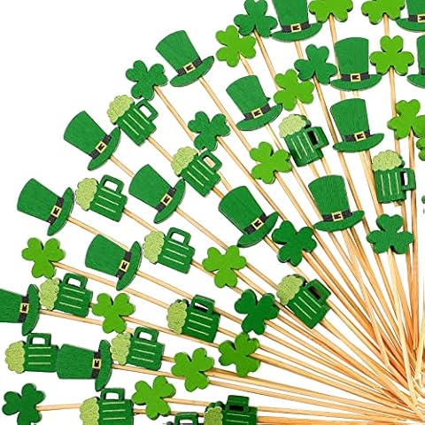 200 Pcs St Patrick's Day Shamrock Cocktail Sticks Irish Green Beer Green Hat Clover Cupcake Toppers Disposable Bamboo Party Picks for Appetizers Cocktail Picks Shamrock Toothpicks for Birthday Party Cover