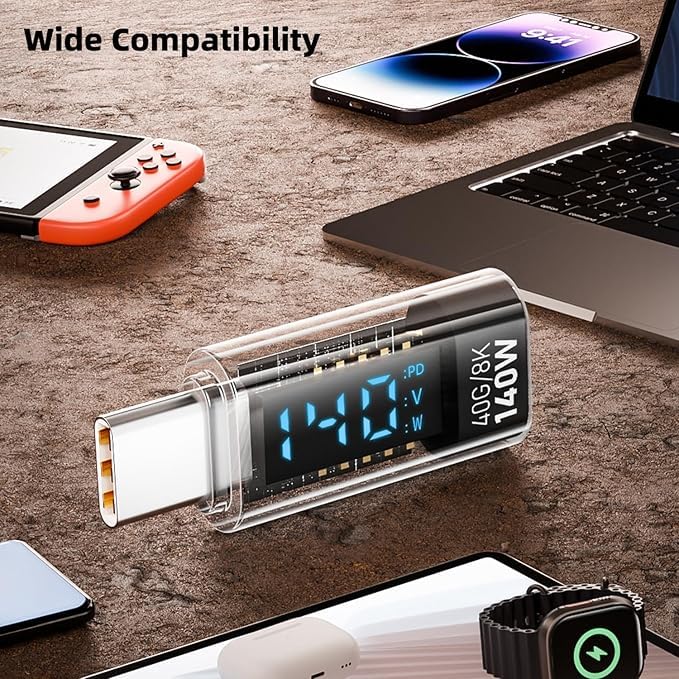 Image of Wefly 1 Pack USB-C Adapter with LED Display, PD 140W USB Type C Male to Female Connector for i /Phone 15 Series, i /Pad Air /Pro, Mac /Book, Support Voltage and Power Smart Display & 40Gbps Data Transfer