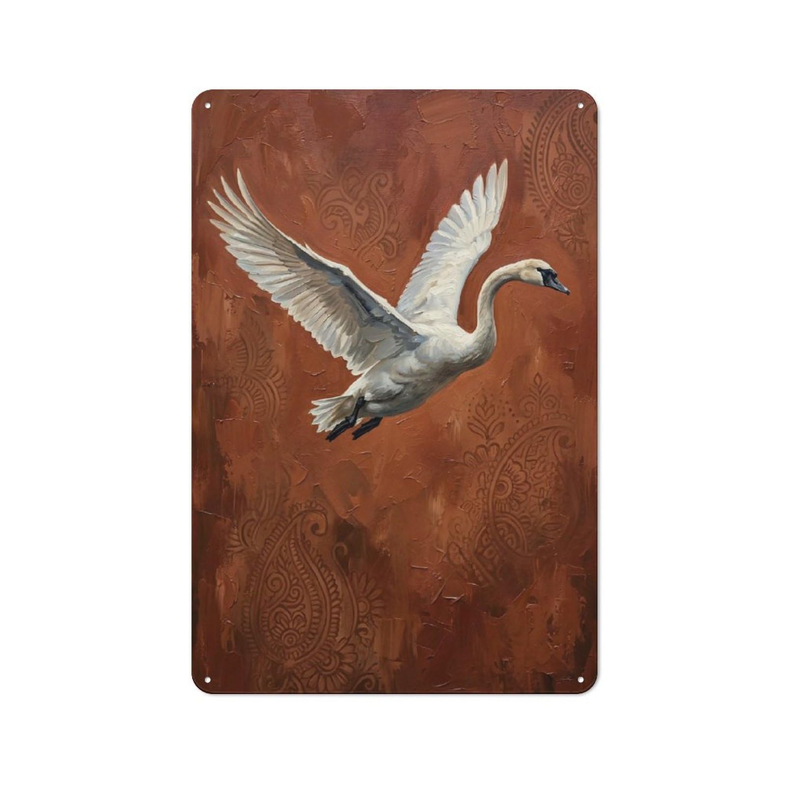 Junmoney Style-12 White Swan In Flight With Paisley Background Decorative Tin Sign 30X20cm, Country Country Wall Plaque For Dining Room, Cafe, Entryway Or Family Room