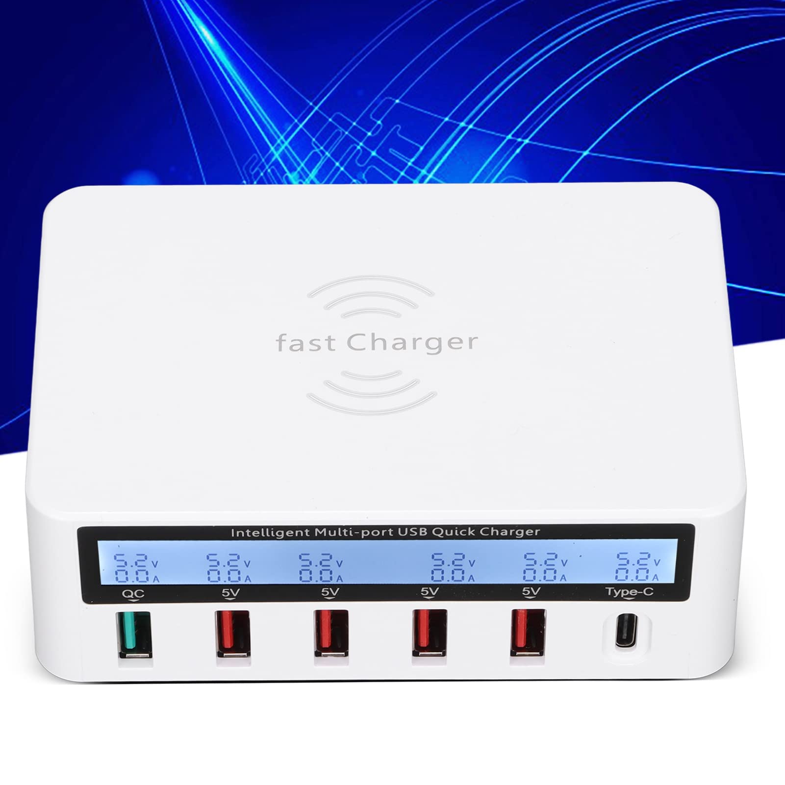 40-W-USB-C-Ladeblock, 6-Port-Schnellladestations-Hub mit 4 USB 1QC3.0 1 Typ-C und Kabelloser Ladeposition, für Tablet-Smartphones (White)