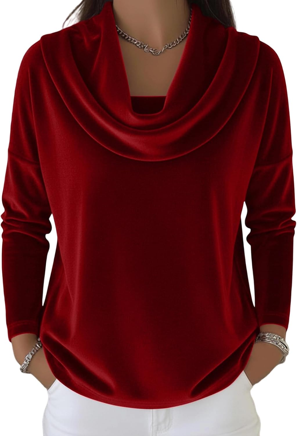 Cowl Neck Tops for Women Trendy Draped Long Sleeve Velvet Top Elegant Fall Winter Tunic Shirt Casual Dressy Blouses - Image 6