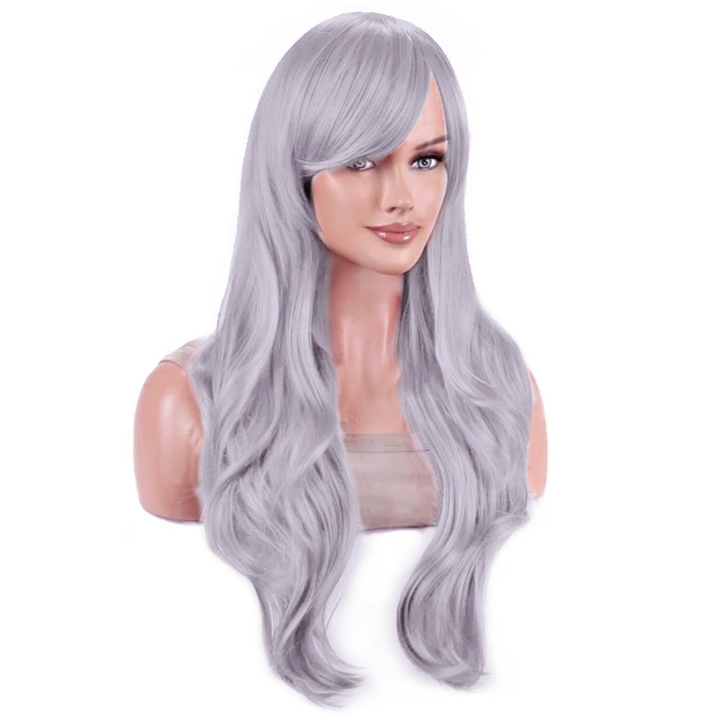 IMISSU 28 Inch/70cm Long Hair Water Wavy Wigs with Bangs Cosplay Costume Wig (Silvery Grey), 70 cm - Image 2