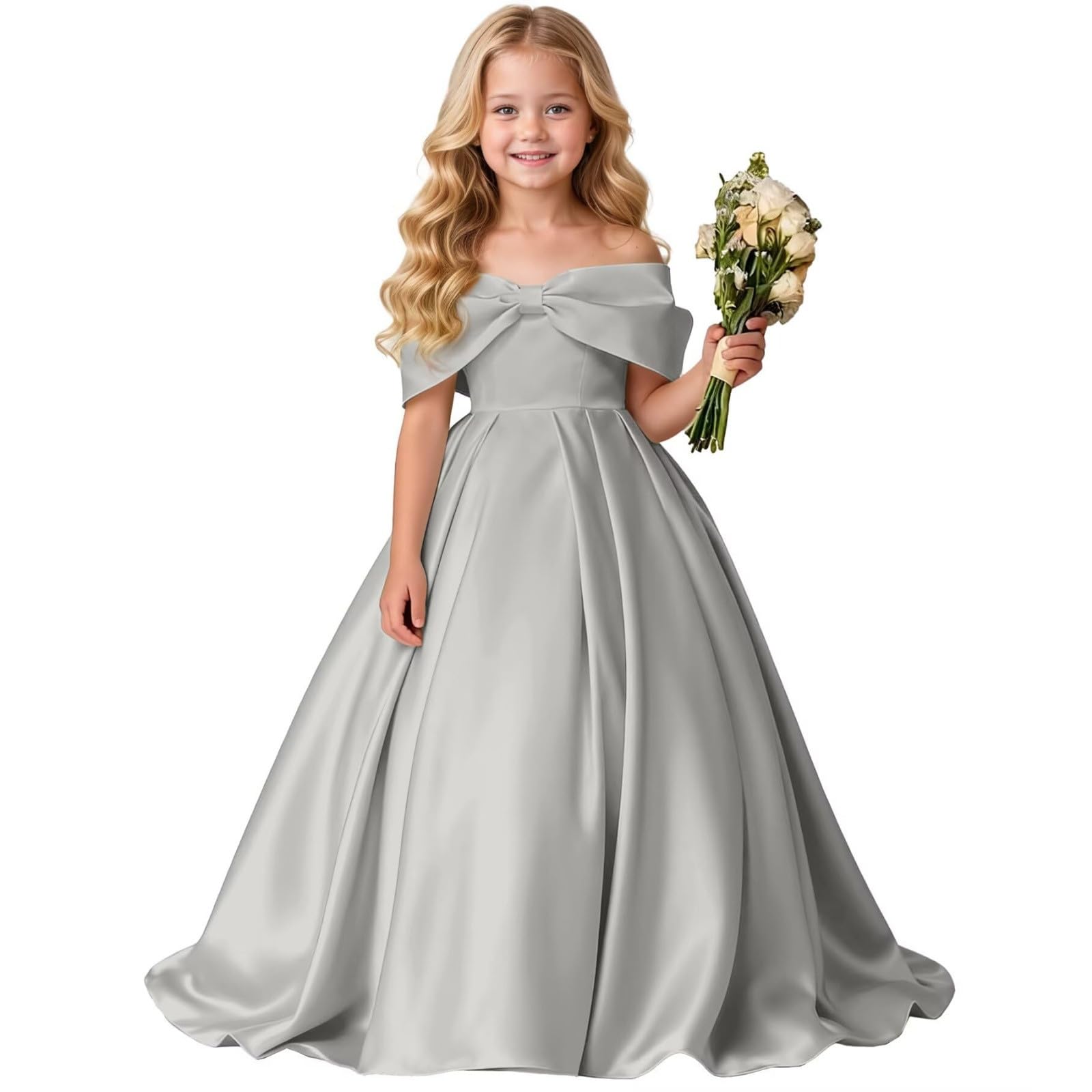 Vestido NiñA Elegantes, Vestido NiñA Ceremonia Lunares, Vestidos De Fiesta Largo hasta El Suelo Color Liso con Hombros Descubiertos Y Un Gran Lazo Mayores Dresses Summer Dress Dress Vestidos Verano