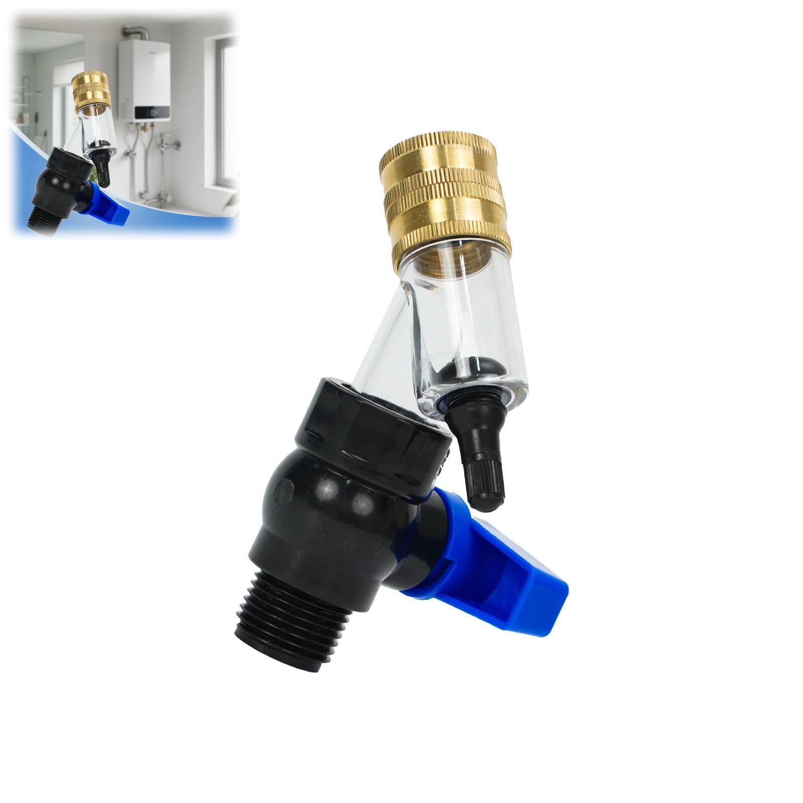 Water Heater Cleaner Flush Valve with Brass Connector and Clear Filter Chamber, Blue Handle, Sediment Drain Tool for Electric and Gas Water Heaters