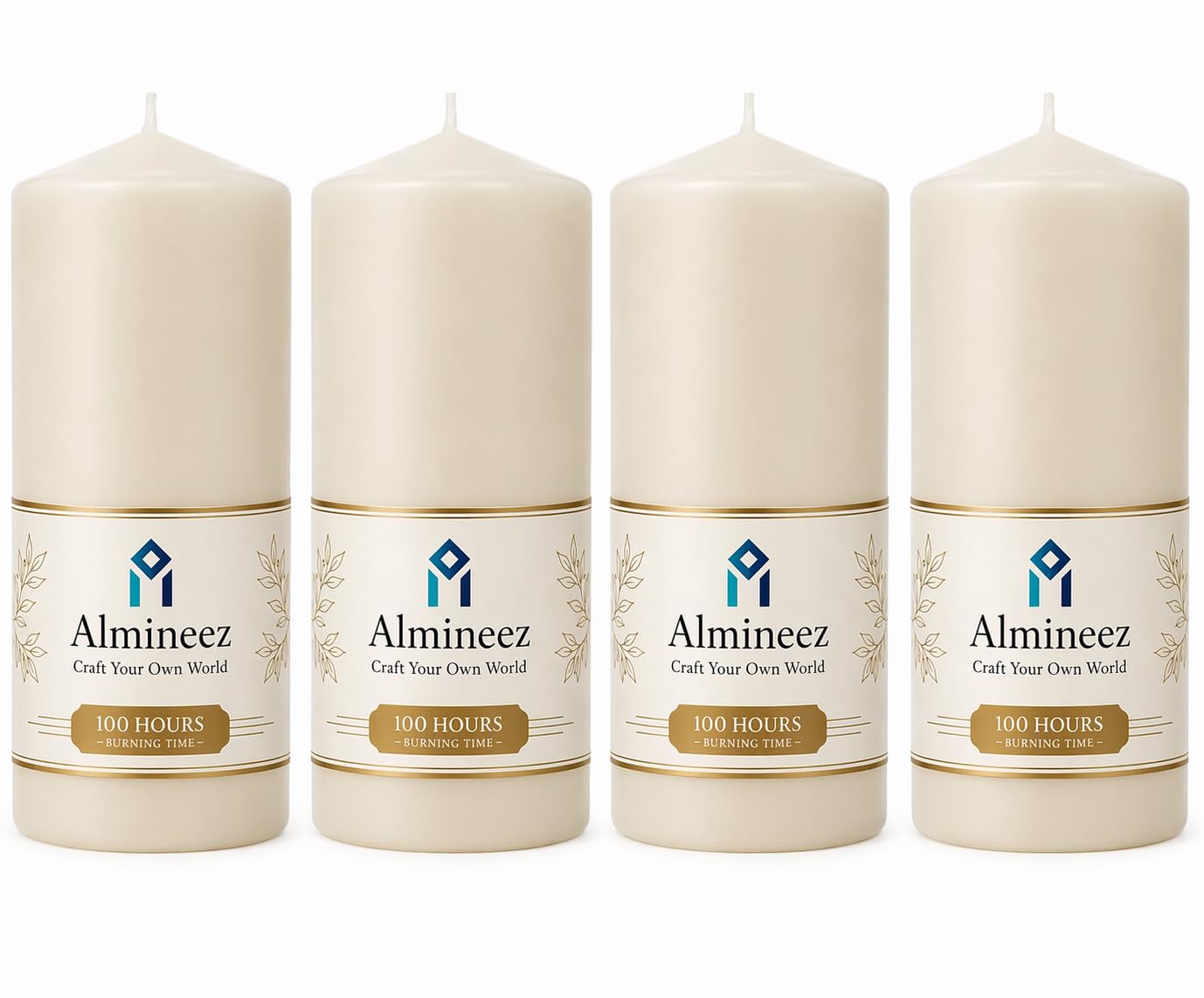 Almineez Pillar Candles Long Burning Large Candle with 100 Hours Burn Time - Dripless, Smokeless, Unscented Church Candles - Ideal for Weddings, Spa and Parties (Pack of 4)