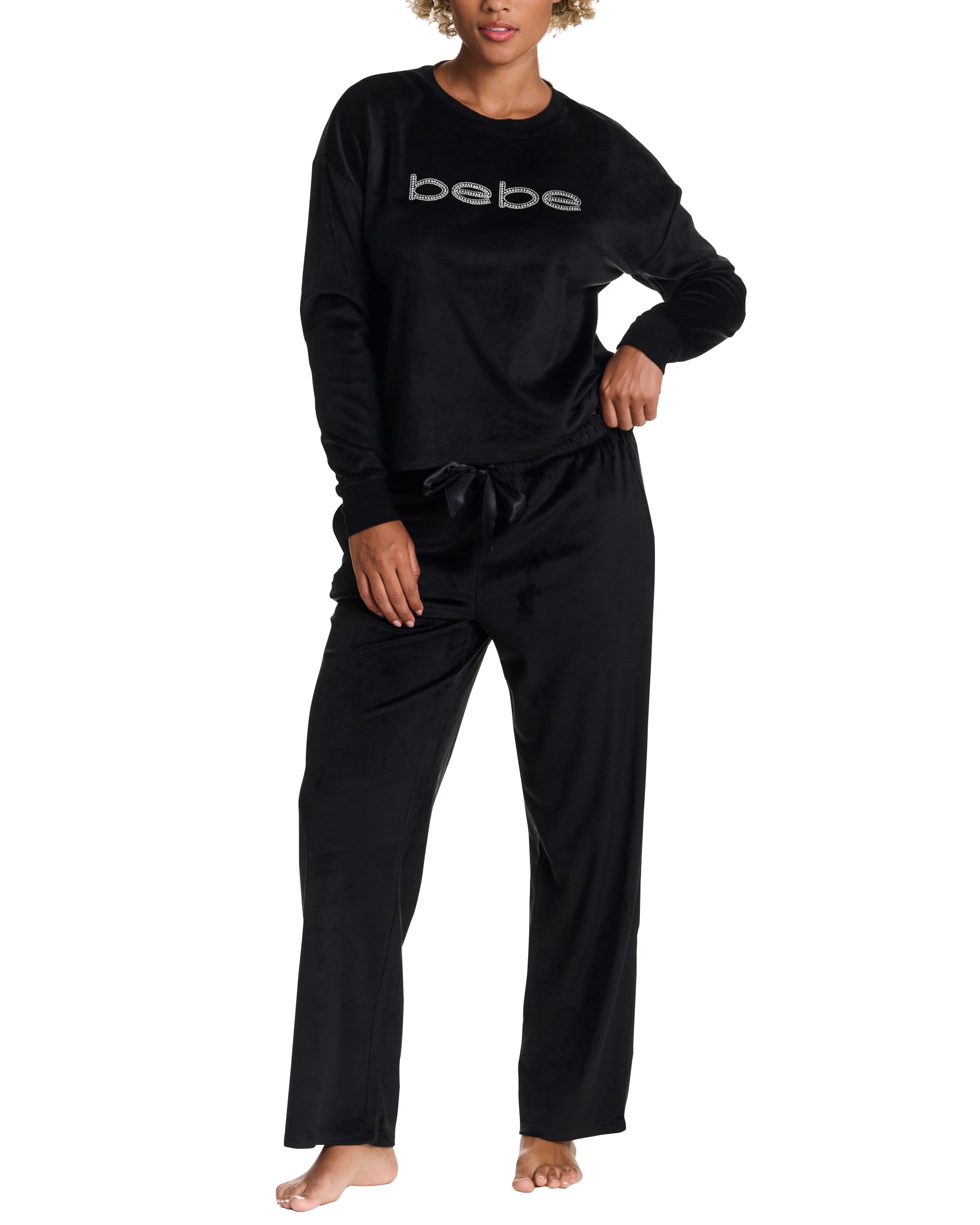 bebe Women's Velour Rhinestone Crewneck Pajama Set – Long Sleeve Cozy Lounge Set with Elastic Waist Pants (Black Beauty, Large)