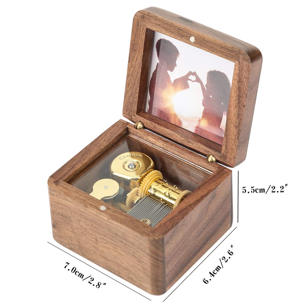 Natural Wooden Music Box with Customizable Photos Wind Up Music Box for Friends,Spouse,Kids (Walnut, Happy Birthday to You)