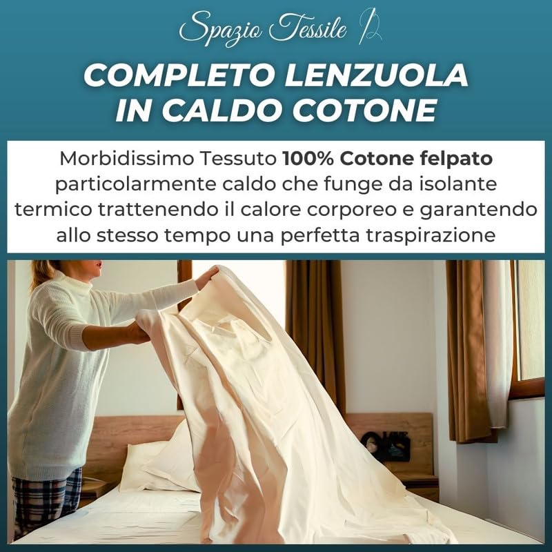 SpazioTessile - Lenzuola Matrimoniali Invernali 100% Caldo Cotone, Completo Lenzuola di Flanella Lenzuolo Sopra 240x295, Lenzuolo Sotto con Elastico 160x190 H25, 2 Federe 50x80 (Celeste)