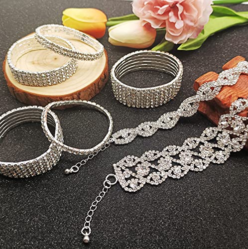 Jewdreamer 7Pcs Rhinestone Bracelets For Women Cubic Zirconia Tennis Stretch Bracelet Bangle Bling Bikini Crystal Bracelet Sliver Sparkly Bridal Wedding Jewelry Bracelet Set thumb #6