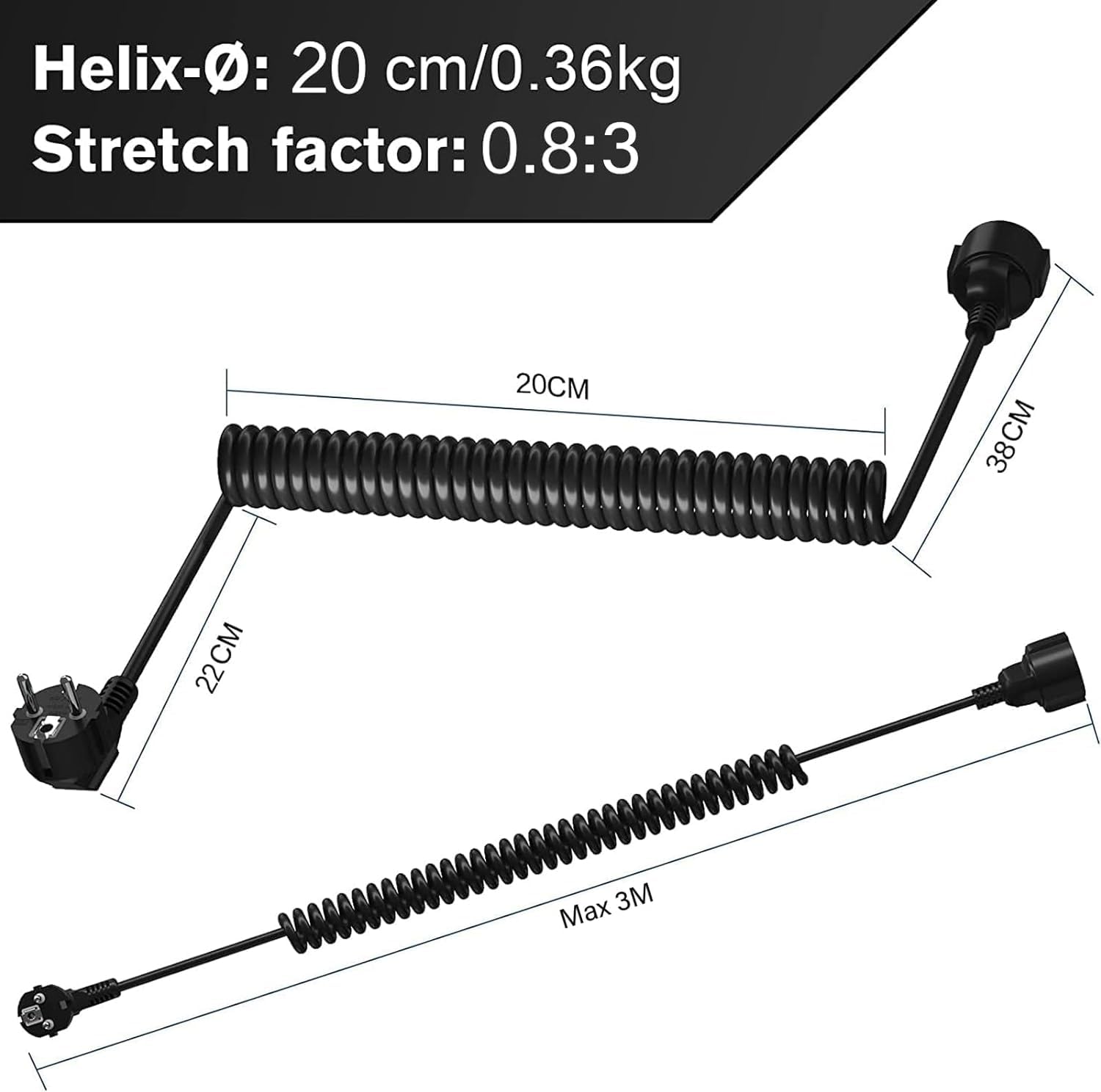 Schuko Cable de extensión en Espiral con 1 Toma Schuko (Contacto de protección de 3 m), Cable Espiral Extensible de 0,9 m a 3 m máximo, 230 V, 16 A, IP20, Color Negro