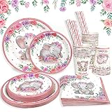Heboland Elefant Babyparty Deko Mädchen Partygeschirr Set für 25 Personen, 125 Stück Rosa Elefant Blumen Einweg Papier Teller Becher Servietten Strohhalme Baby Shower Mädchen Kindergeburtstag Deko