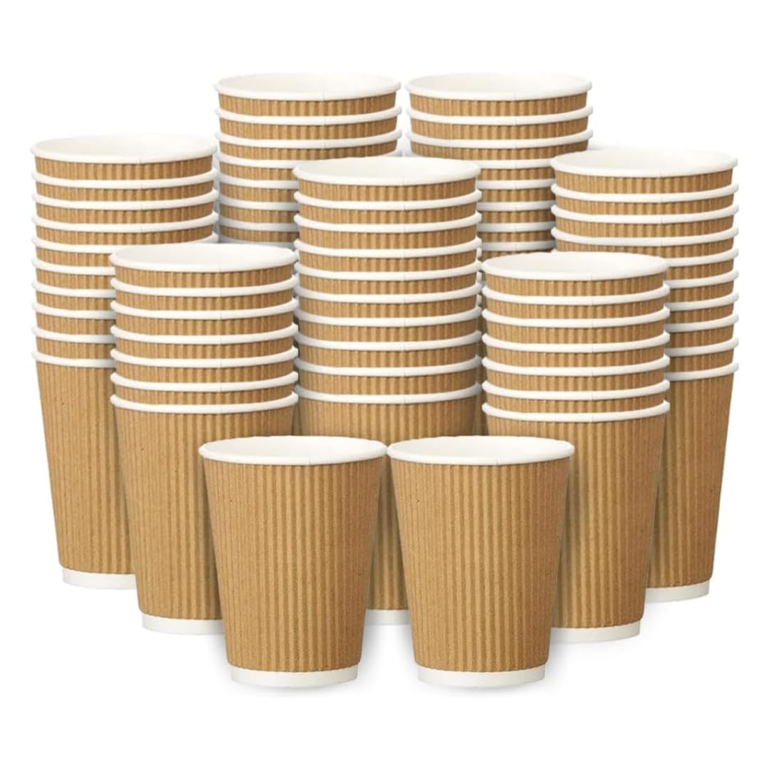 WAVES SHAPING YOUR SUSTAINABLE FUTURE 500 x 8oz Ripple Kraft Triple Walled Disposable Paper Cups Insulated & Eco-Friendly Brown Coffee Cups Hot Drink Takeaway Cups Ideal for Tea, Coffee, and Catering