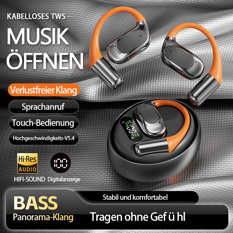 Słuchawki Bluetooth, Bluetooth 5.4, sportowe słuchawki tłumaczeniowe, wodoszczelność IPX5, cyfrowy wyświetlacz LED, typ otwarty, odpowiednie do uprawiania sportu, fitnessu, biegania (czarne)