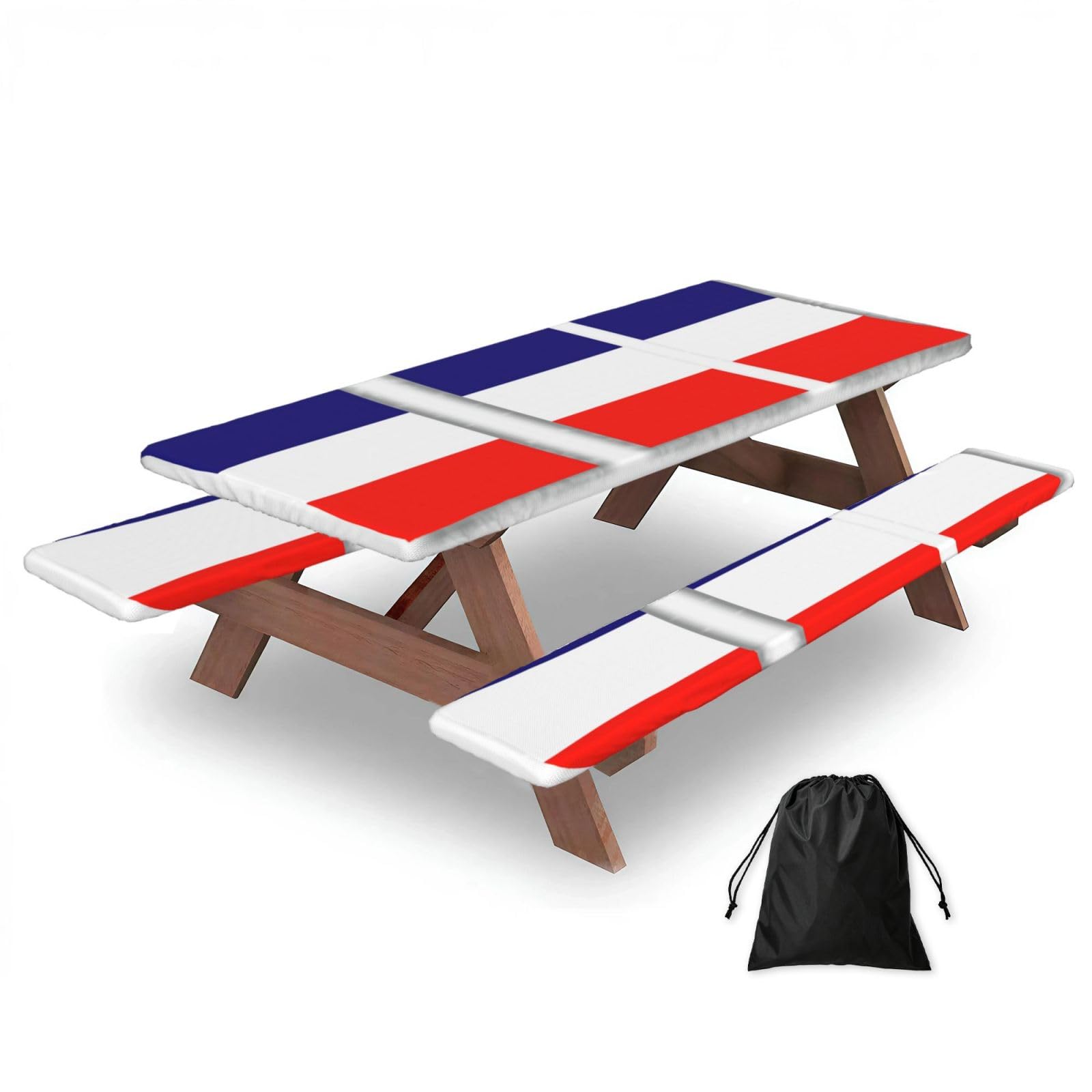 Duwaa Black French Flag Print 183Cm Picnic Table Cover With Bench Covers, Waterproof Elastic Tablecloth Set For Outdoor