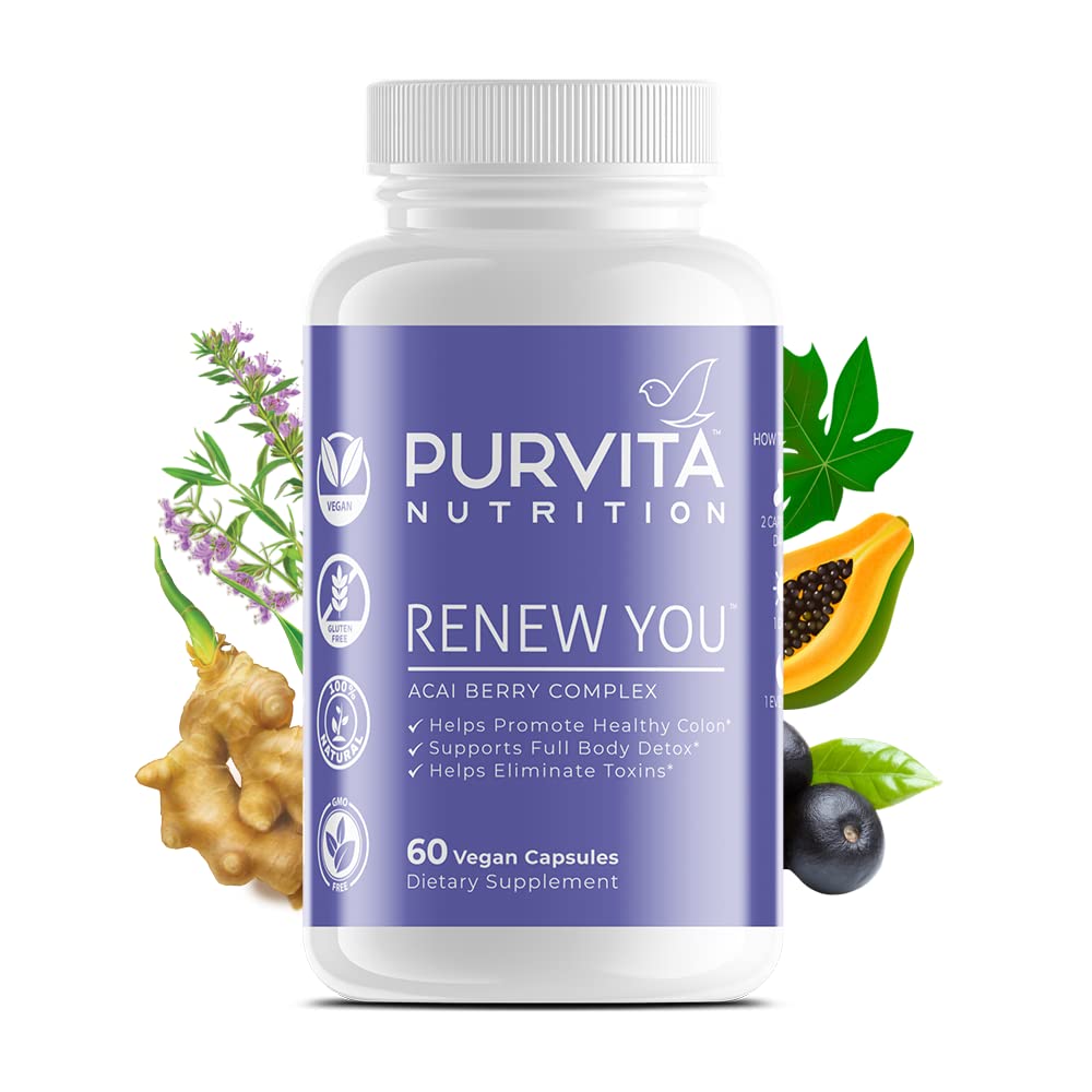 Renew You Acai Berry Complex Vegan Capsules GMO Free - Colon Health 100% Natural Made in USA - 60 Count