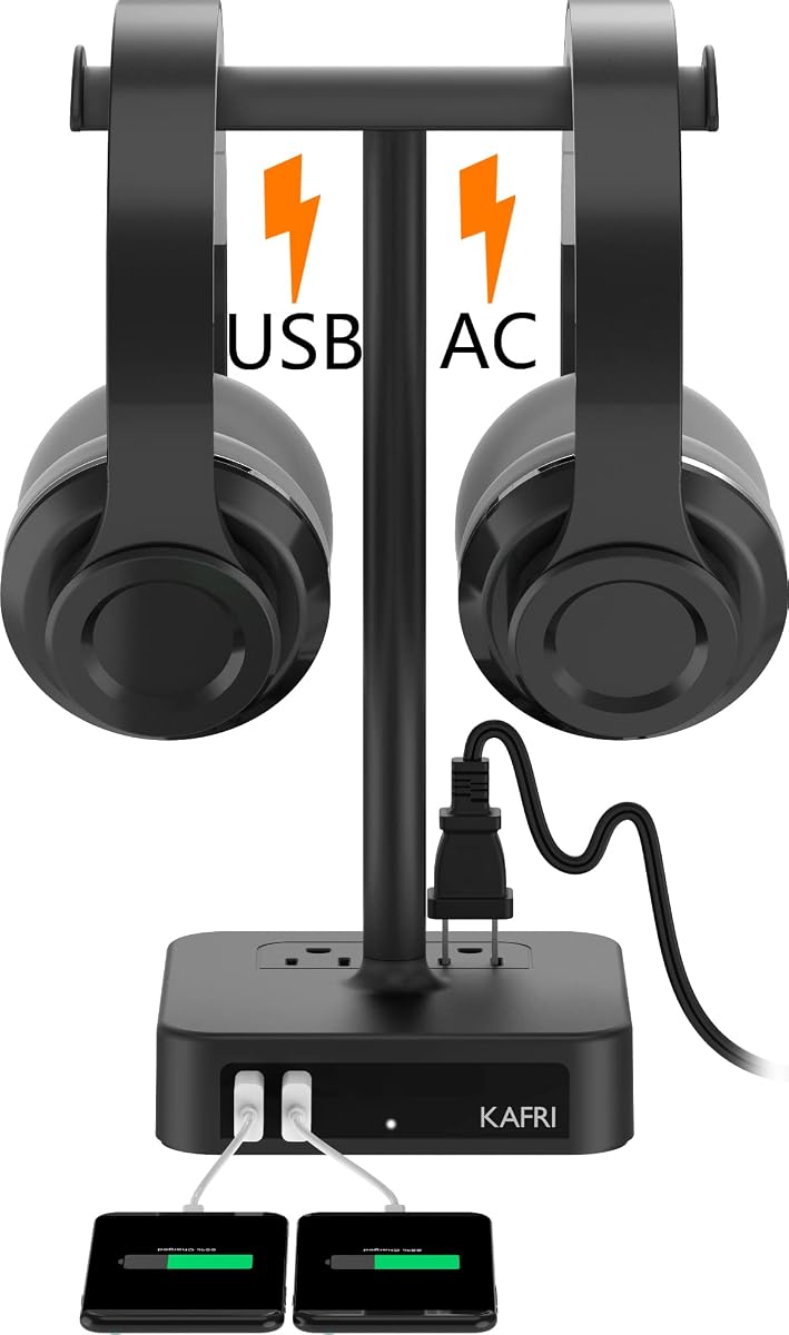 Dual Headphone Stand with USB Charger Desk Gaming Double Headset Holder Hanger Rack with 2 USB Charging Port and 2 Outlet - Suitable for Gamer Desktop Table Game Earphone Accessories Gift