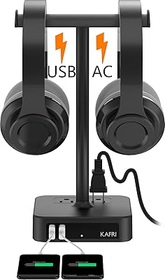 KAFRI Dual Headphone Stand with USB Charger Desk Gaming Double Headset Holder Hanger Rack with 2 USB Charging Port and 2 O...