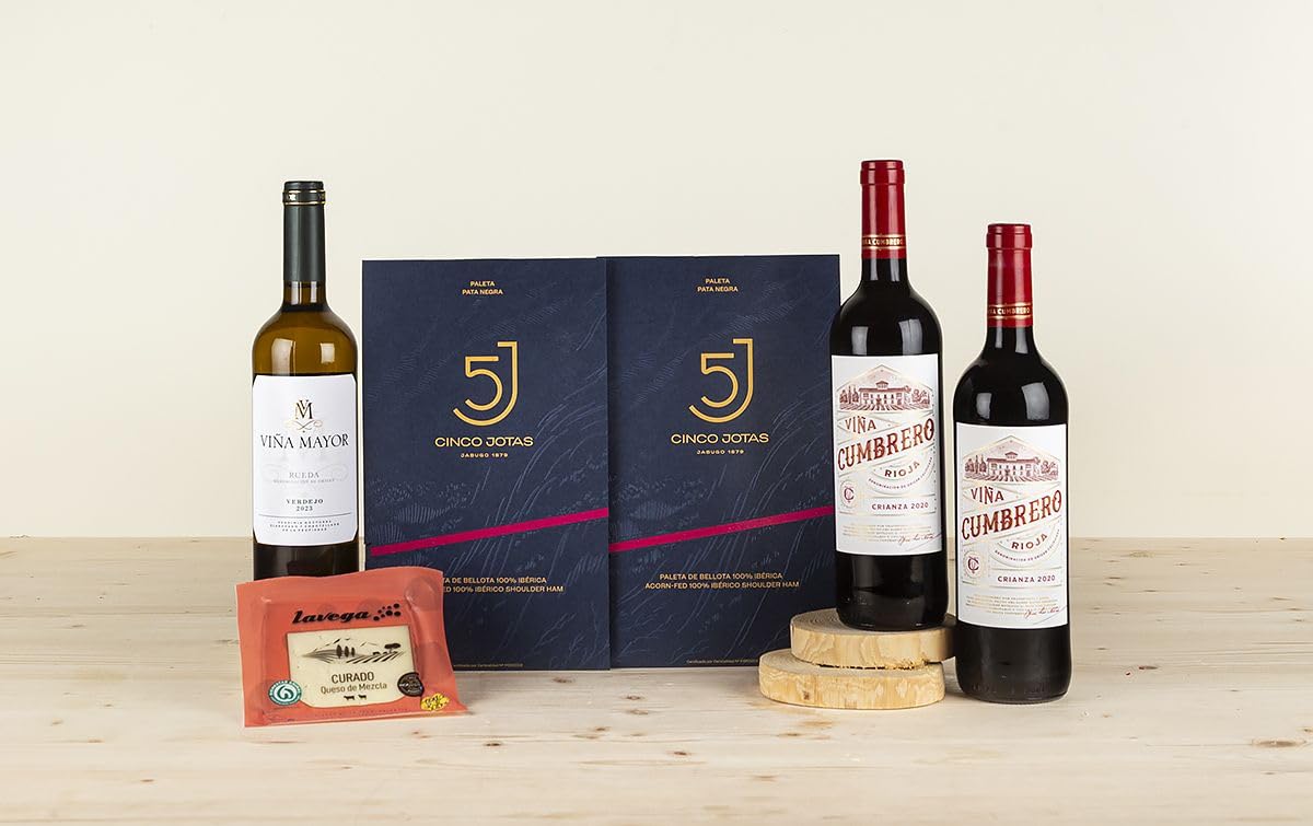 EUROLOTES Cesta Gourmet con Paleta Ibérica Cinco Jotas, Queso Curado Lavega, Vino Tinto Rioja Cumbrero Crianza y Vino Blanco Rueda Verdejo