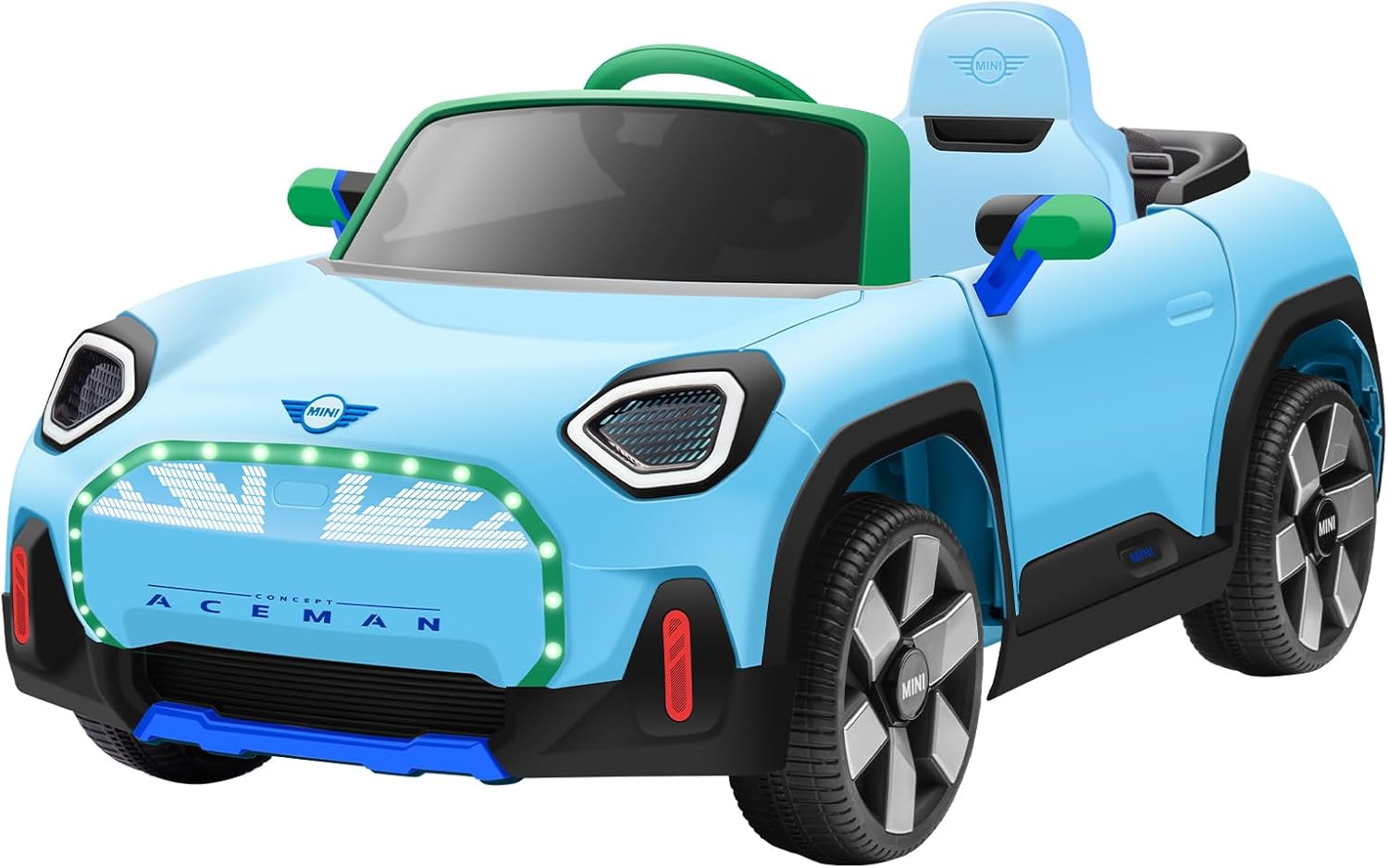 XCAR 12V Kids Electric Car, Power Wheels with Remote Control, Ride on Car Toys with LED Light, 3 Speeds, Light Blue