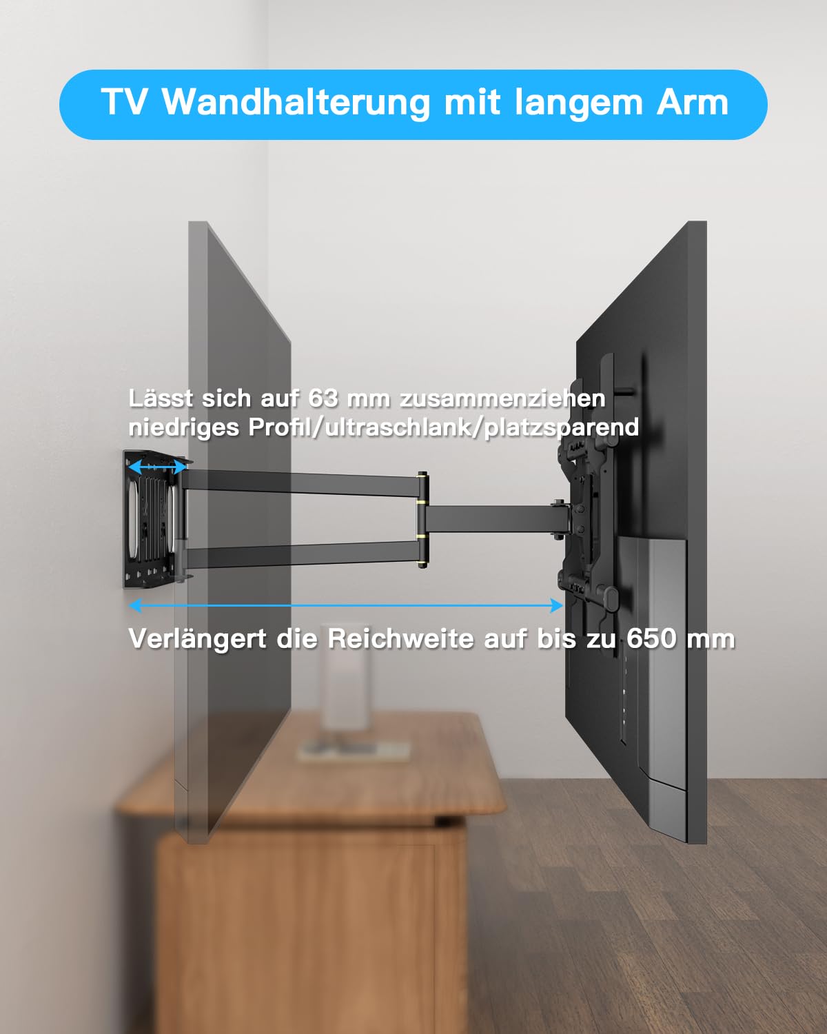 TV Wandhalterung mit 650mm Langem Arm WHYFONE Fernsehhalterung Wand Schwenkbar Halterung Volle Bewegung Neigbar Drehbar Ecke Halter für 32-70 Zoll Flach&Curved Fernseher bis zu 35kg, VESA 600x400mm