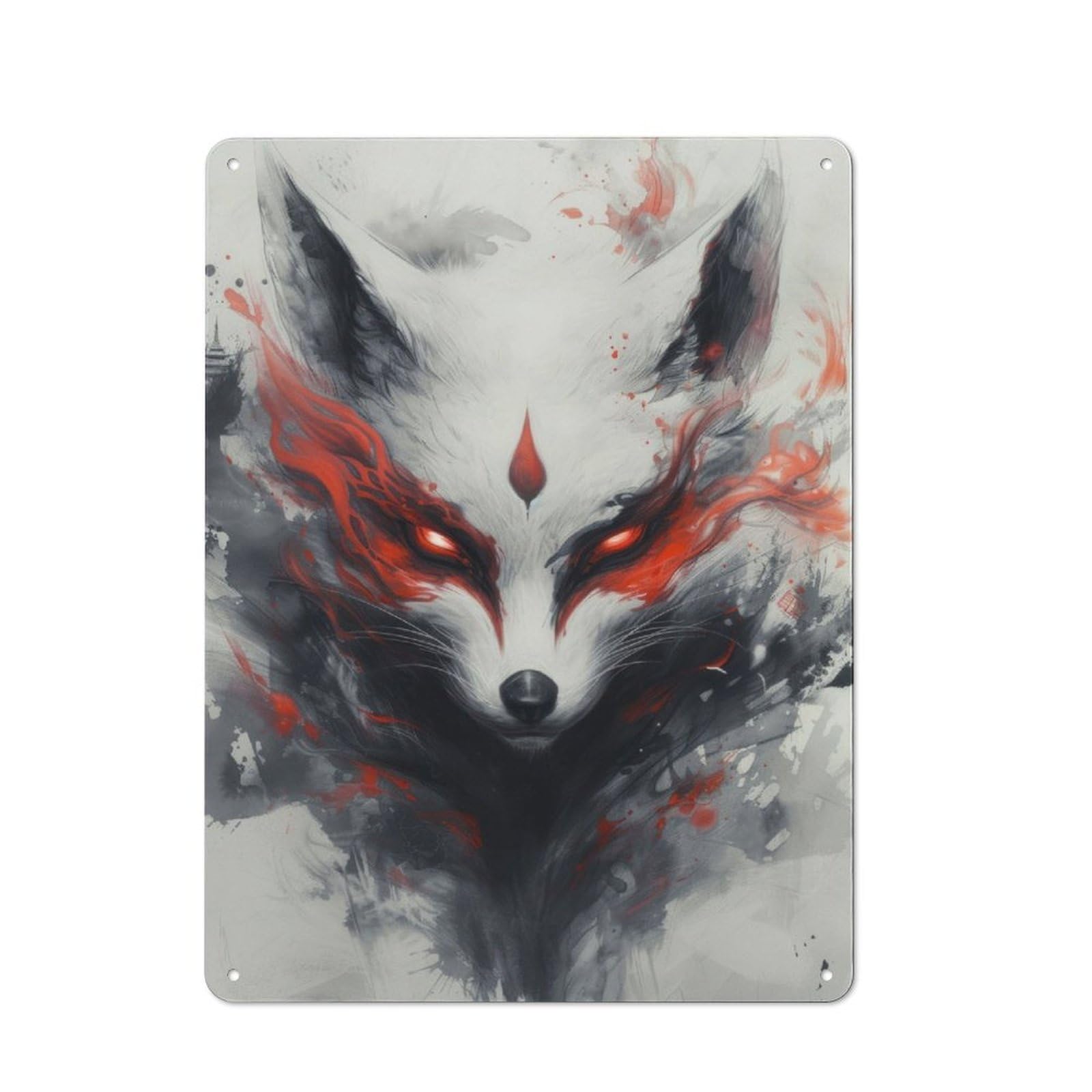 Junmoney Kitsune Fox Painting Retro Metal Wall Sign 40X30cm For Guest Room Or Hallway, New-Space Wall Decor For Home Decor Collectors