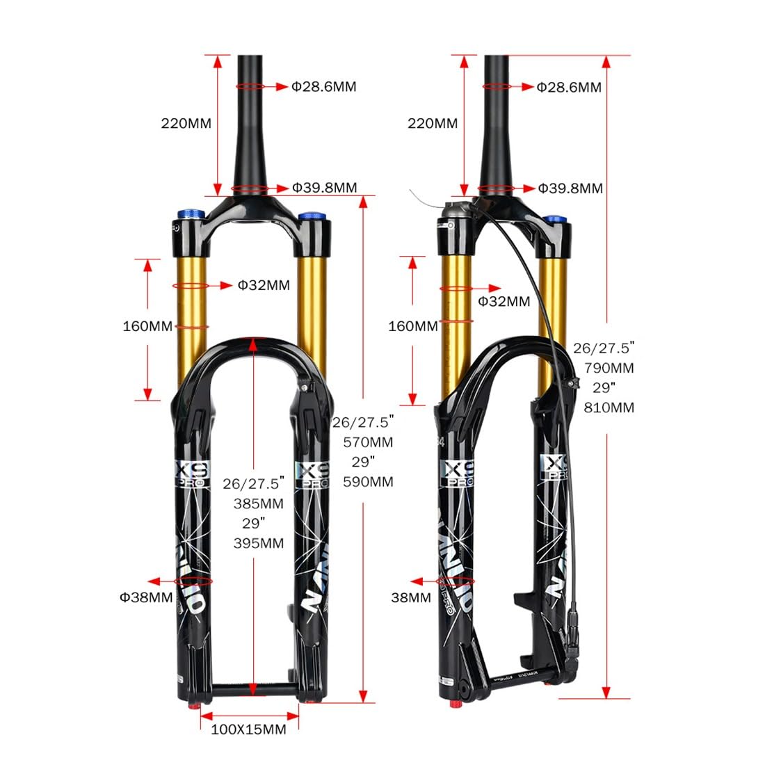 Widelec przedni amortyzowany powietrzem do rowerów górskich, stożkowy, 39,8 mm, przedni widelec hamulcowy MTB, skok sprężyny 140 mm, amortyzator z regulowanym odbiciem, oś 15 mm x 100 mm, pasuje do