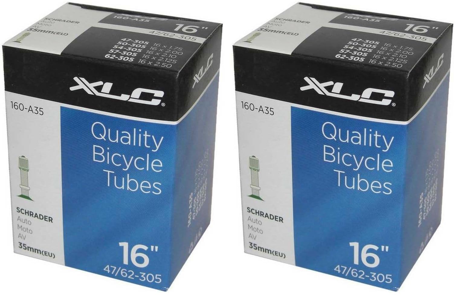 XLC 144367 Fahrradschlauch 16 x1.75/2.125 47/62-305 AV 33 mm, 2508160200, Schwarz (Packung mit 2)