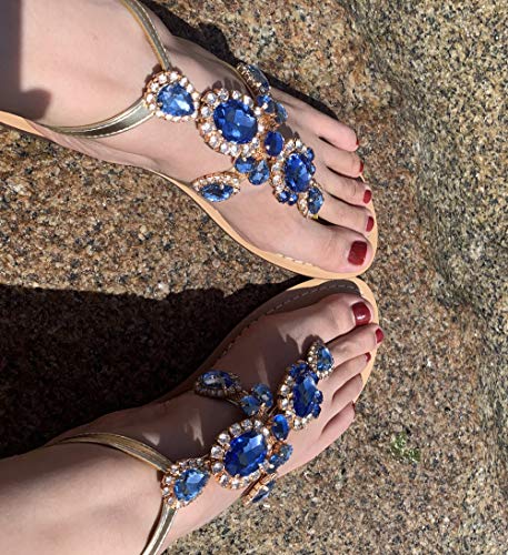 Image of ZhuLinFeng Women'S Rhinestone Gladiator Sandals Flat Wedding Sandals Gem Pearl Sparkling Bridal Bridesmaid Sandals Blue Bohemian Sandals