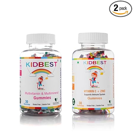 HealthBest Kidbest Multivitamin & Vitamin C + Zinc Gummies for 3-13 Years Kids | Each Pack of 30 Gummies | Combo Set