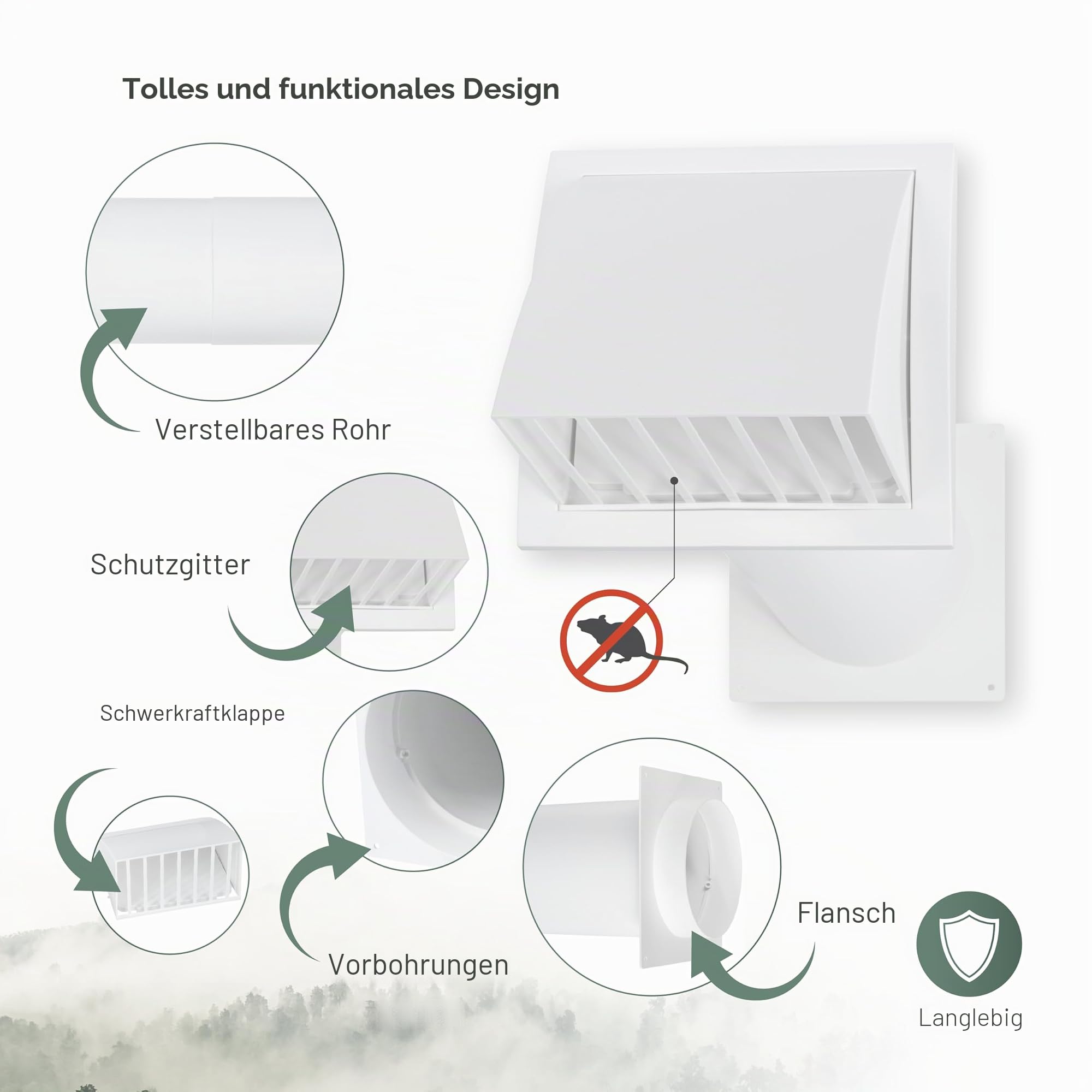 Vent Systems 125 mm Mauerkasten mit Dunstabzugshaube - Kunststoff Lüftungsgitter mit Einstellbar Rohr - Abluft Abdeckung mit Dunstabzug/Rückstauklappe - Trockner Abluftschlauch Wanddurchfuehrung