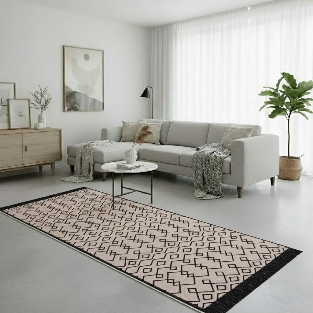 Jimri Teppich Läufer - Tepiche für Wohnzimmer, Schlafzimmer, Küche, Kinderzimmer, Badezimmer - Boho Kelim - Läufer Flur, Schwarz-Beige, Größe: 80x150 cm