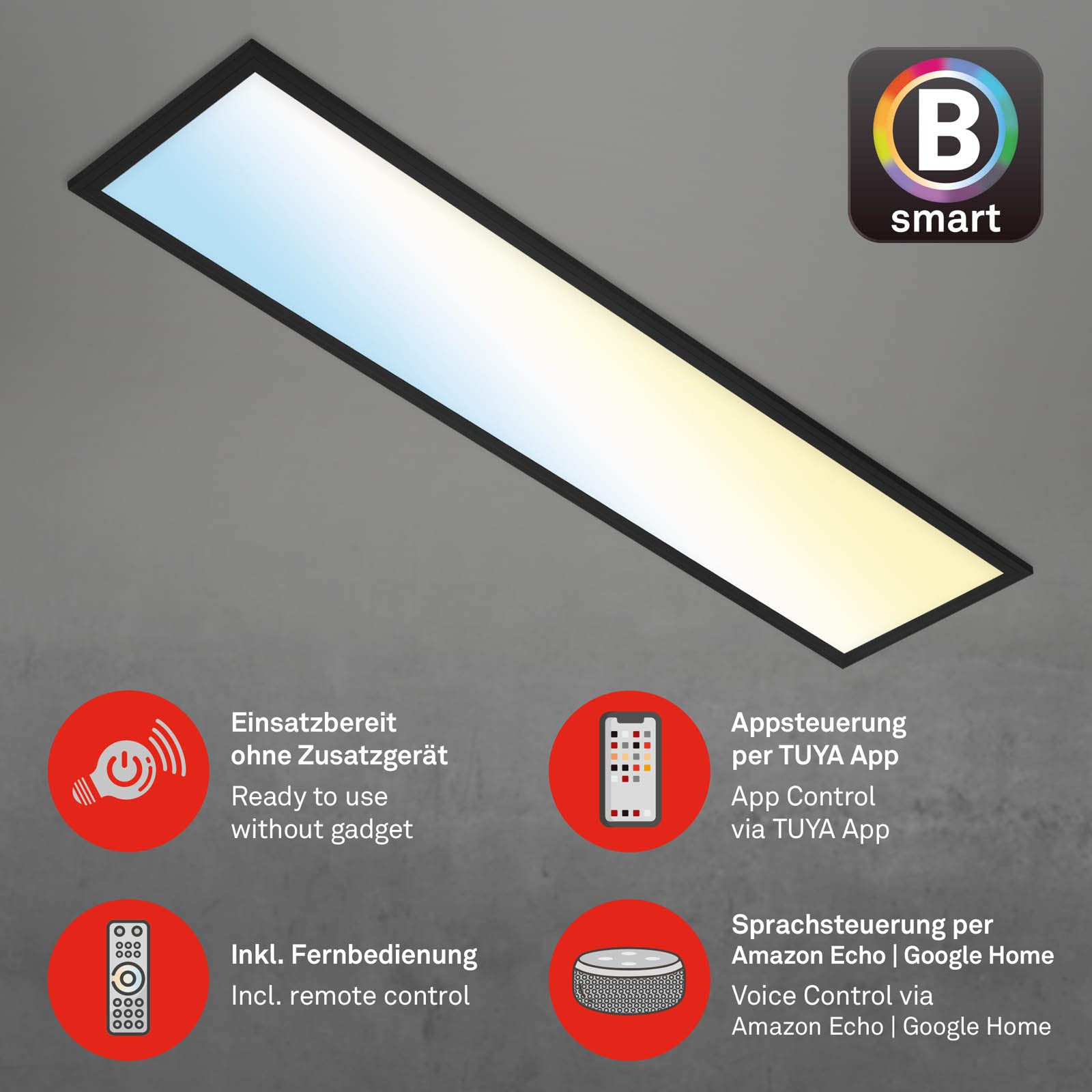BRILONER - LED Deckenlampe flach Smart Home, funktioniert mit Alexa, einstellbar von warmweiß bis kaltweiß, Lampe, Deckenleuchte, LED Panel, Wohnzimmerlampe, 100x25x6,6 cm, Schwarz
