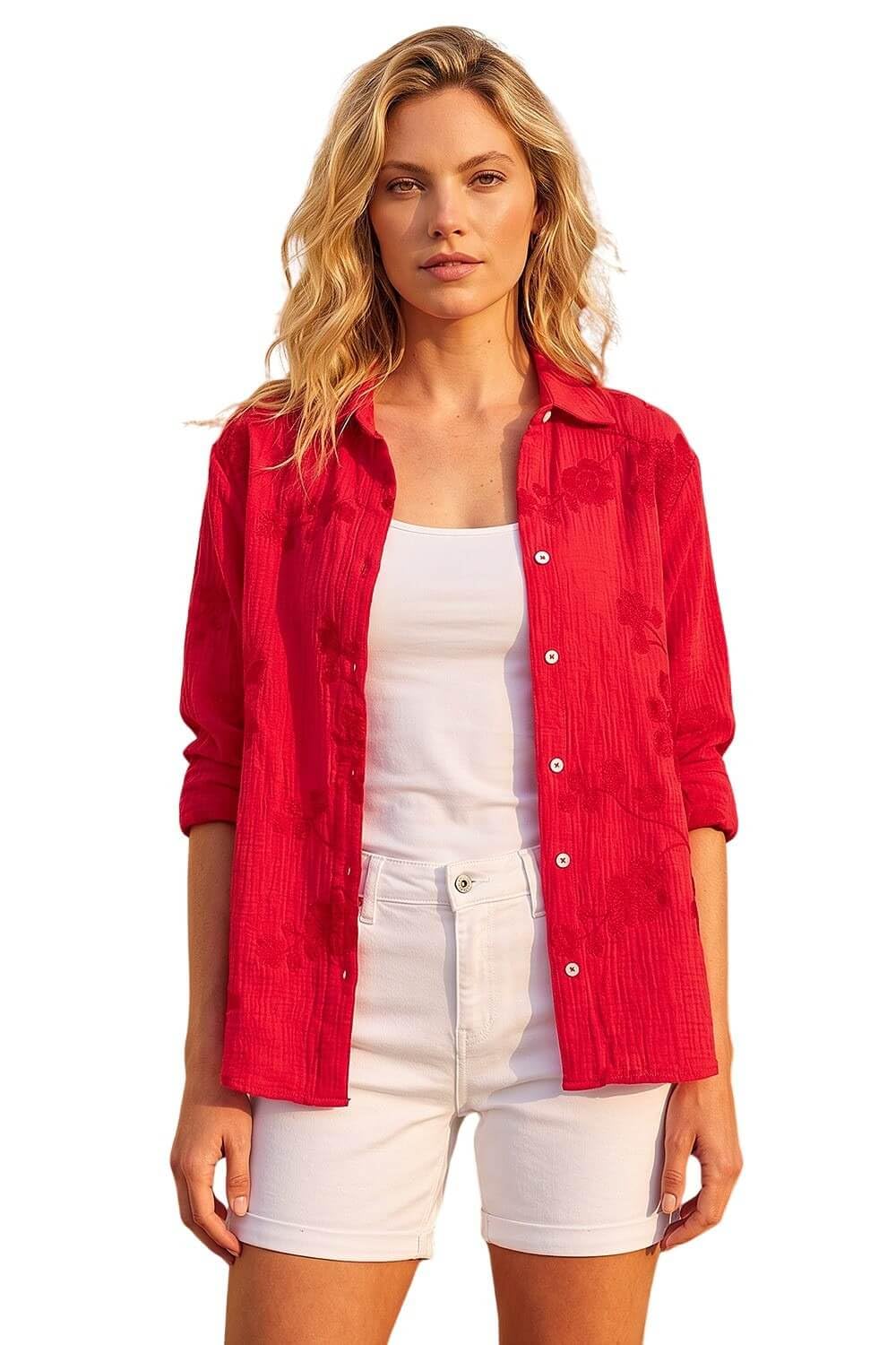 Roman Originals Floral Embroidered Collared Shirt for Women UK - Ladies Everyday Autumn Winter V-Neckline Comfy Soft Evening Vacation Work Party Night Out - Red - Size 12