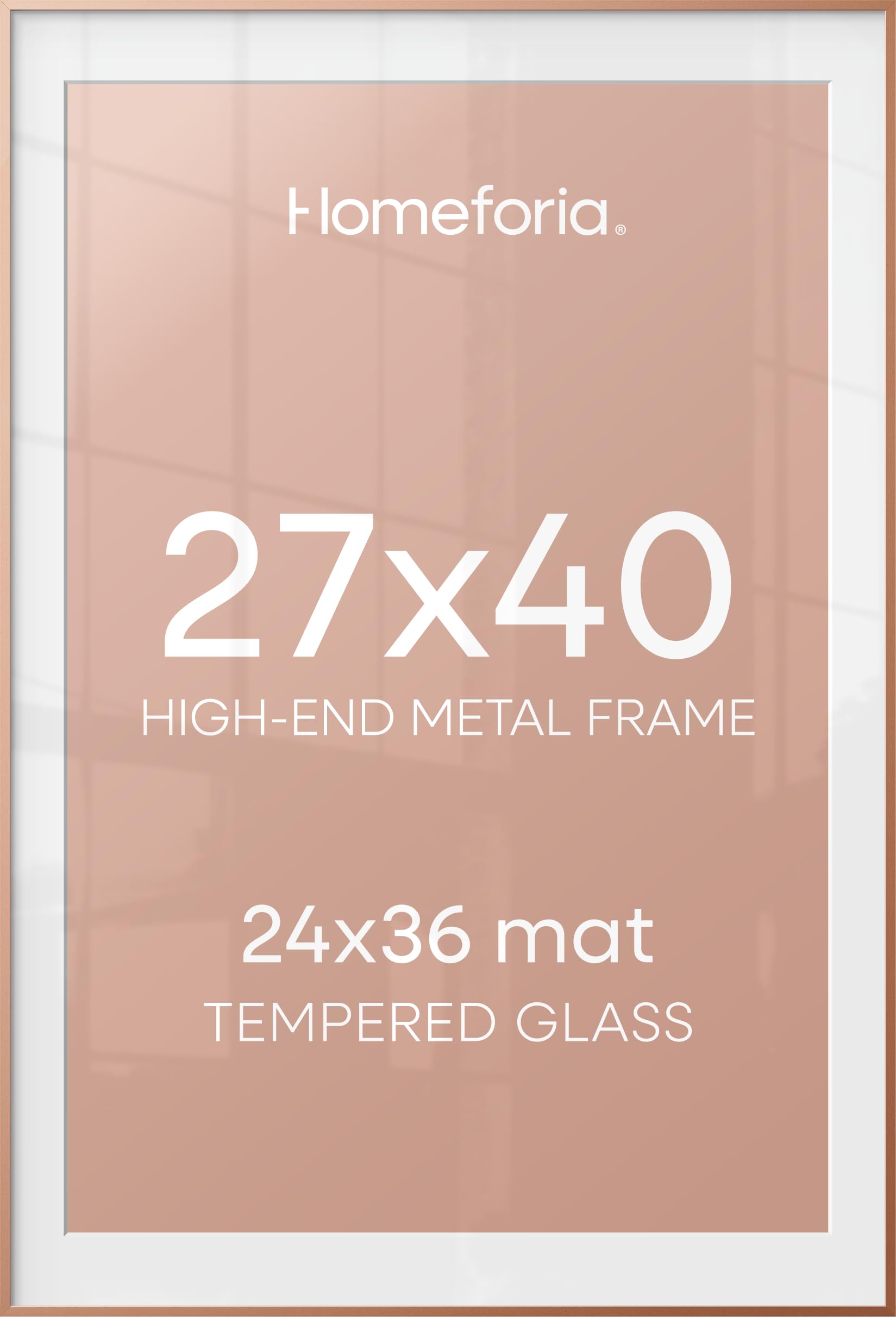 Homeforia 27x40 Poster Frame Rose Gold, High End Metal 27x40 Large Picture Frames with Mat 24x36 inch Photo, 27 x 40 Thin Frame Matted to 24 x 36 Print, 40x27 Frame, Tempered Glass, Wall Kit, Set of 1