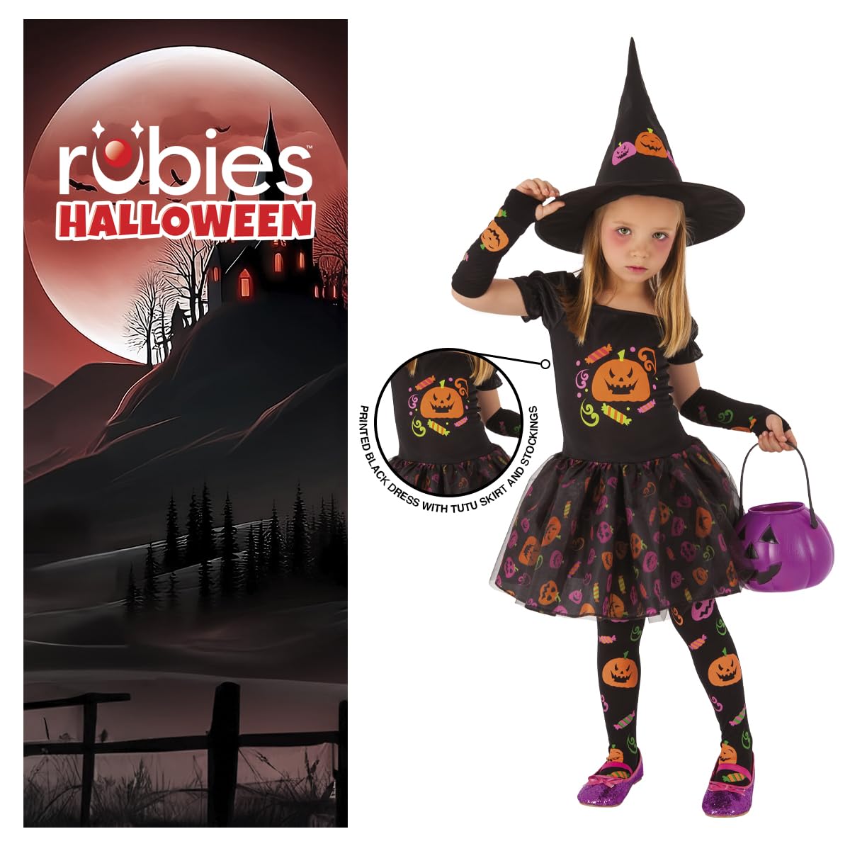 Rubies Costume Strega Candy per Bambina, Vestito Stampato, Maniche, Calze e Capello, Ufficiale, Stregas, Witches, Caramelle per Halloween, Feste e Cosplay