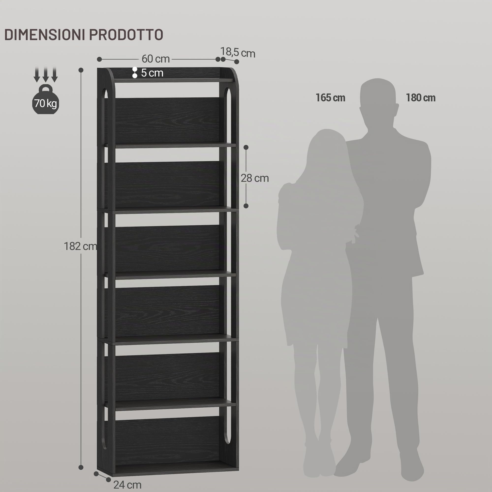 Hzuaneri Libreria a 7 Ripiani, Libreria Soggiorno Legno, Scaffale Portaoggetti Aperto, per Salón, Estudio, Oficin, Dormitorio, 24 x 60 x 182 cm, Nero BC70004X