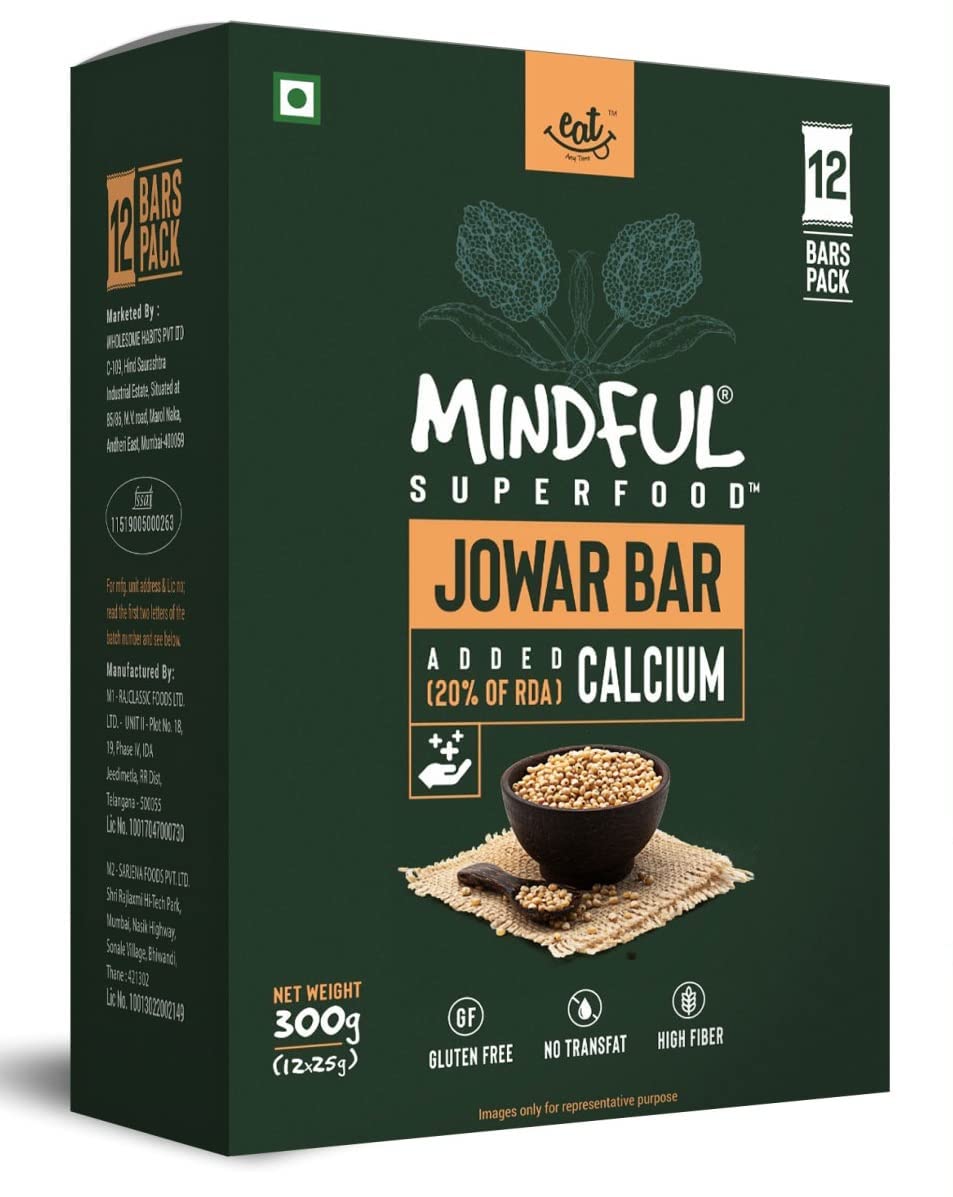 Eat Anytime Mindful Superfood Energy Jowar Bar | Gluten Free & High Fiber | Improve Digestion, Rich In Fiber | High Iron & Magnisum | Jowar Bar/Granola Bar - 300gm (12pcs. of 25g)