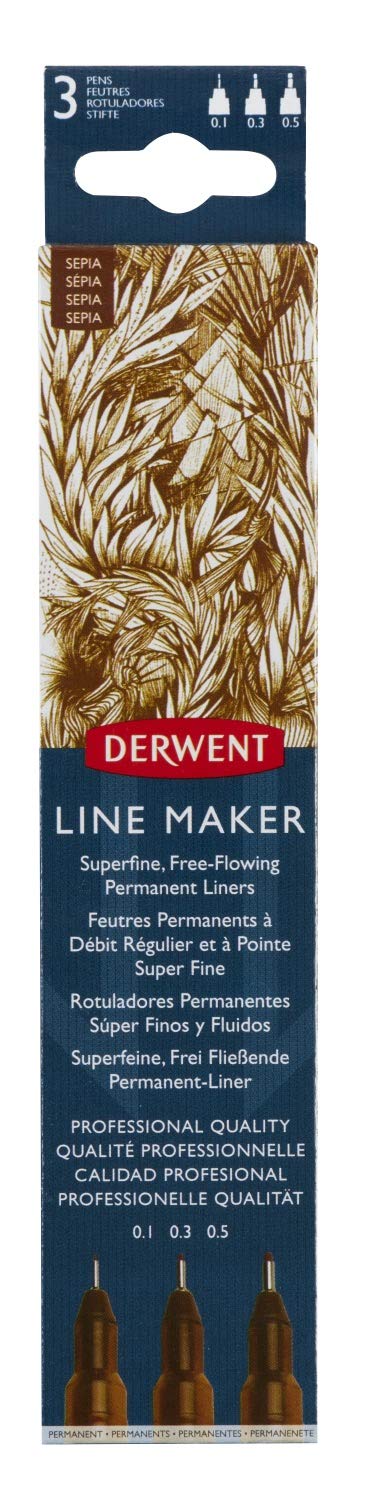 Derwent Line Maker Drawing Pens Superfine Free-Flowing Permanent Liners, Sepia (Set of 3)