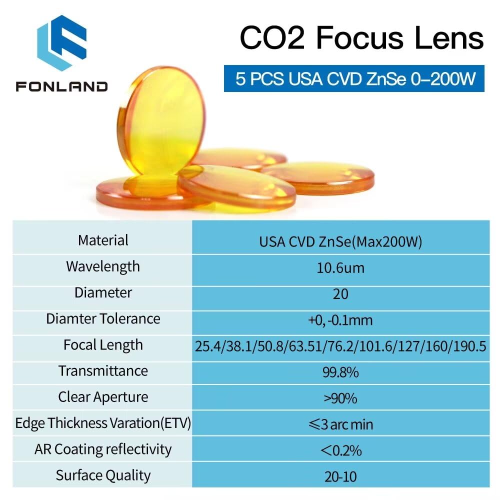 5 lenti di messa a fuoco laser CO2 USA CVD ZnSe DIA 20 mm FL 38.1/50.8/63.5/76.2 mm per macchina di incisione laser CO2