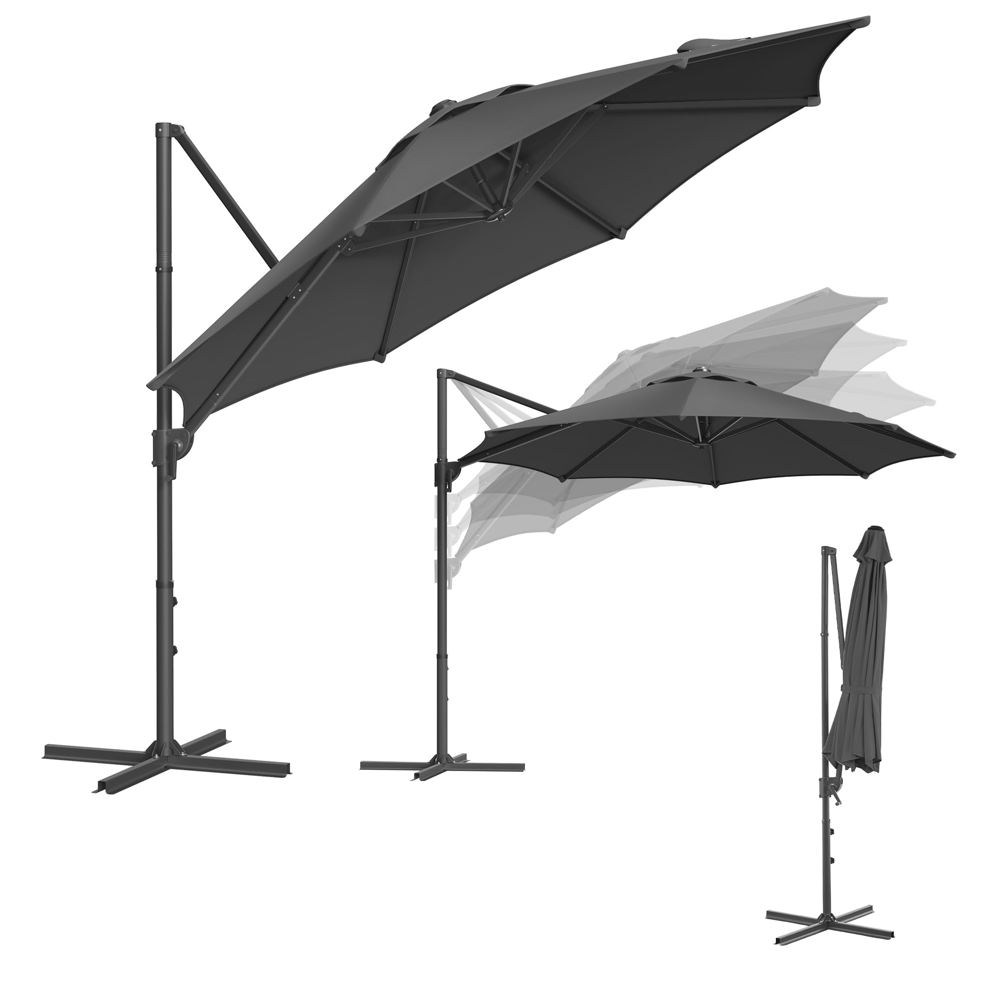 SONGMICS Parasol de Jardin 300 cm, UPF 50+, Parasol d Extérieur, Pivotant à 360°, Inclinaison Fluide, Manivelle, avec Base en Croix, Gris GPU074G02