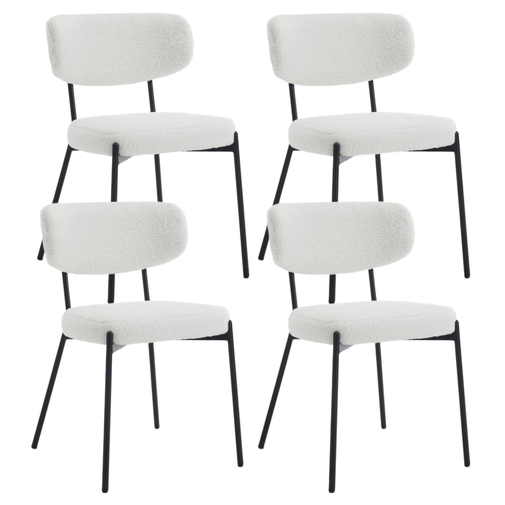 KCC Boucle Dining Chairs Set of 4, Modern Mid-Century Upholstered Stylish Kitchen Chairs Sherpa Accent Diner Chairs with Metal Legs and Curved Back