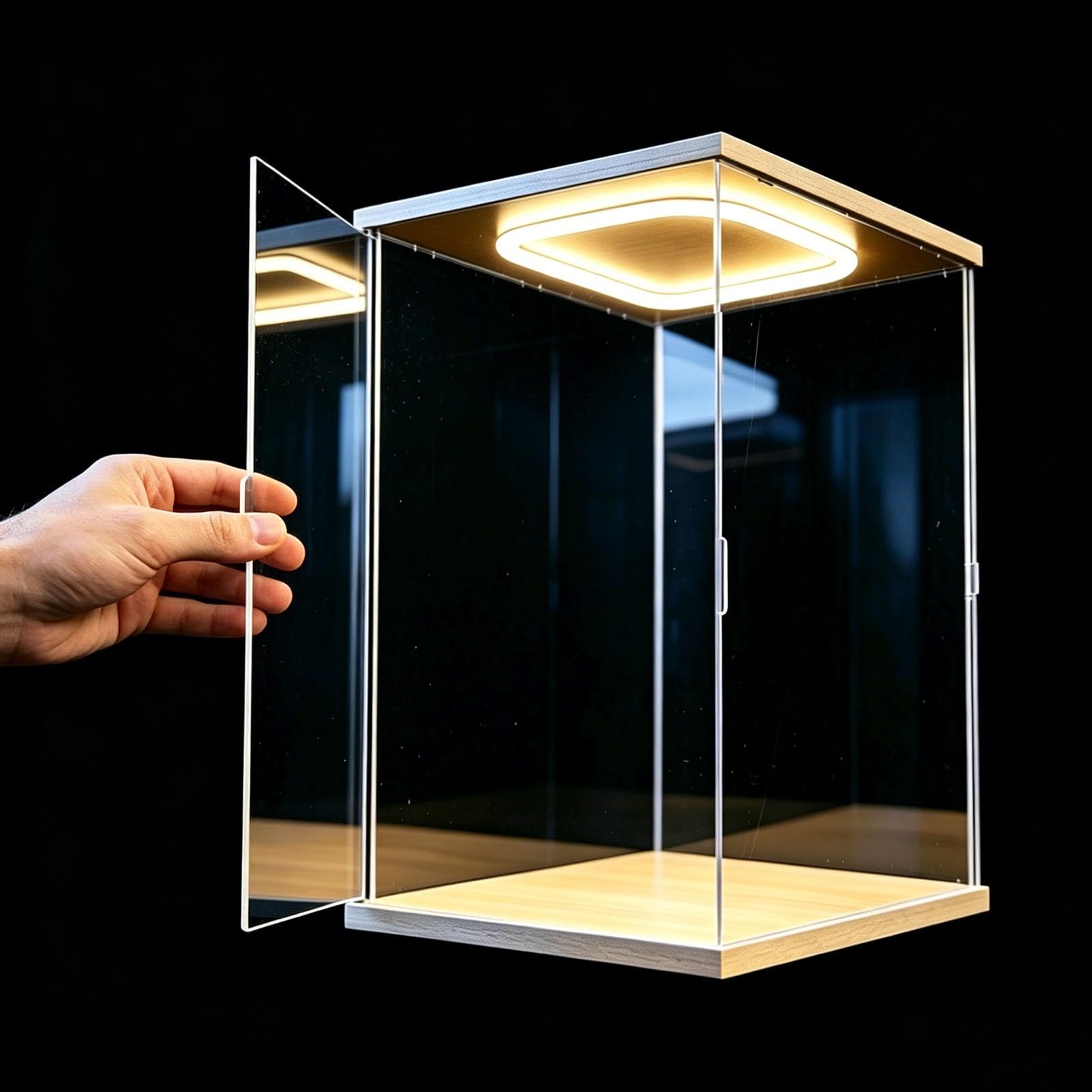 Acryl Vitrine LED-beleuchtete Acrylvitrine mit Fronttür, Stapelbare, Hohe Vitrine Trophäen/Figuren/Modelle, Staubdichte Aufbewahrungsbox, Montage Ohne Klebstoff(30x30xH55cm/12x12x22in)