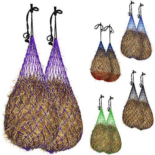 Majestic Ally 2 pcs 56â€ long, 3"x3" holes Easy feed Slow Feeder Hay Net for Horses, Strong Nylon hanging rope, Adjustable Travel Feeder for Trailer and Stall, Simulates Grazing, Reduces Waste (Purple)