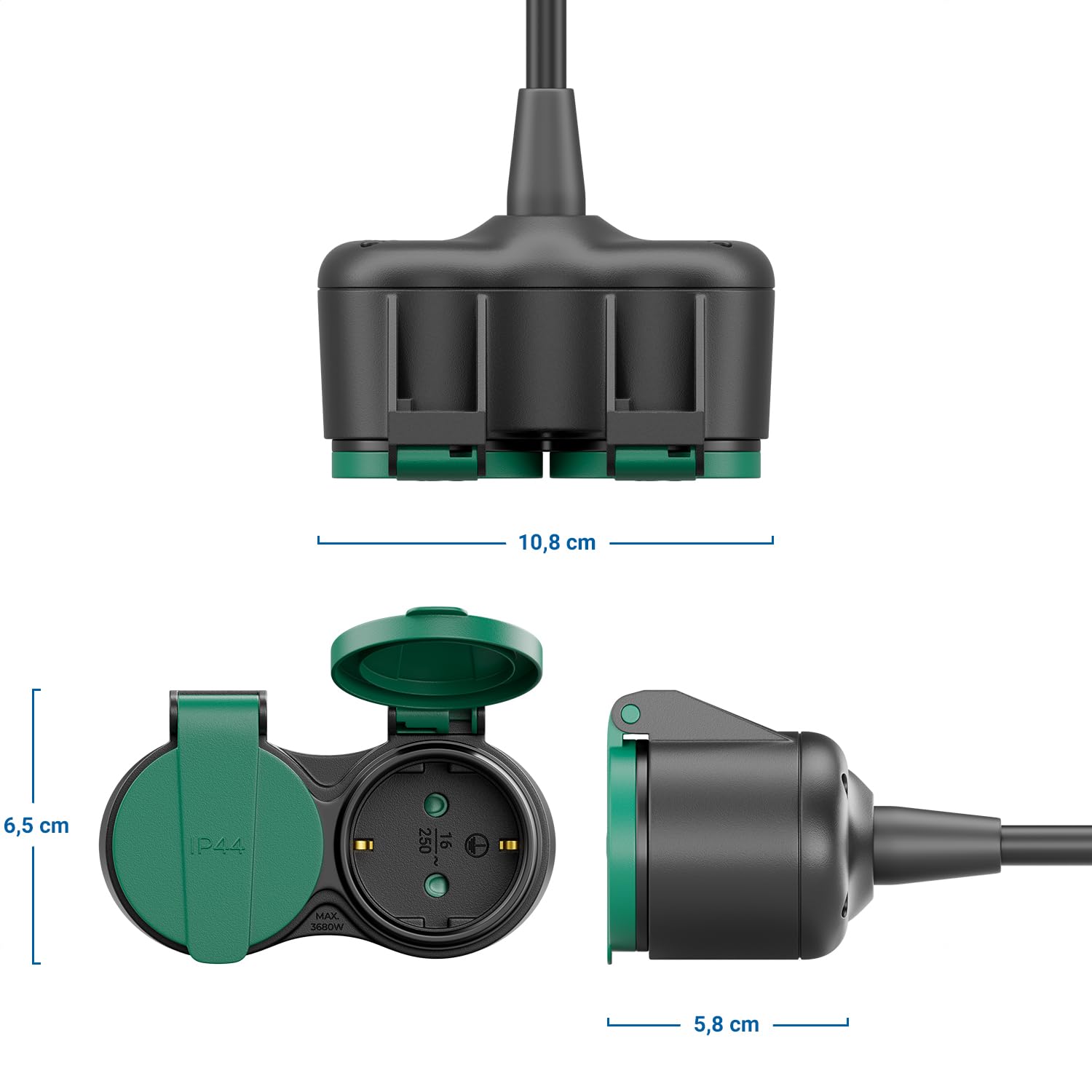 deleyCON 2m Câble Rallonge Extérieur Électrique IP44 (H07RN-F 3G1.5mm²) Câble D’Alimentation en Caoutchouc Résistant aux Intempéries - Fiche avec Contact de Protection vers 2 Prises - Noir