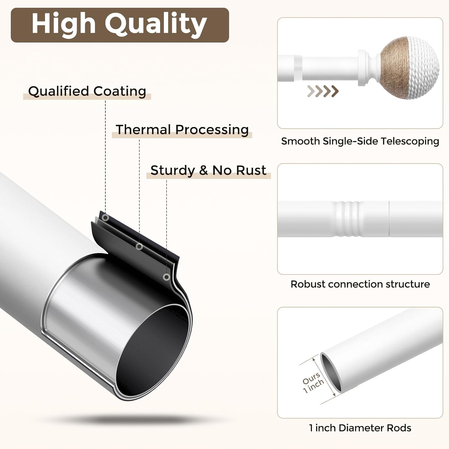 2 Pack White Boho Curtain Rods for Windows, 1" Adjustable Decorative Heavy Duty Window Treatment Rods 48 to 84 inch with Pinecone Twine Finials, Rustic Farmhouse Drapery Pole for Bedroom