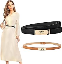 2pcs Women's Skinny Leather Belt with Adjustable Silver Turn-Lock Buckle - Ideal for Dresses, Jeans, and Coats, Black and brown