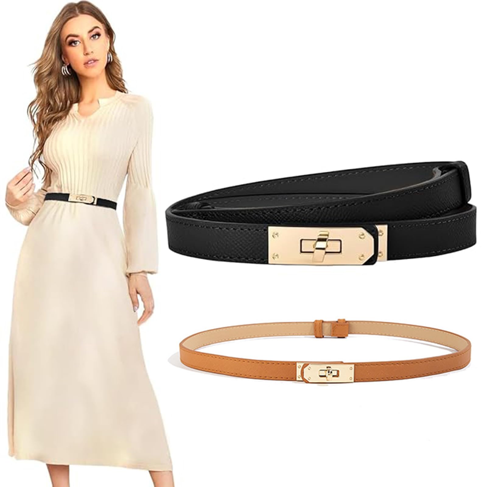 2pcs Women's Skinny Leather Belt with Adjustable Silver Turn-Lock Buckle - Ideal for Dresses, Jeans, and Coats, Black and brown