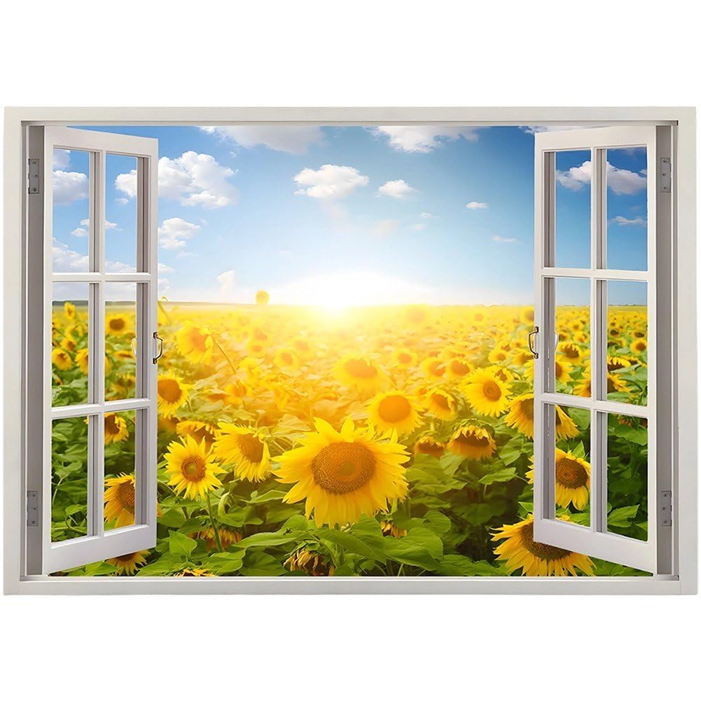 Lpitoy Fake Window Sunflower Wall Decal - Sunflower Meadow Scene Window Wall Mural for Home Decor, Peel and Stick Wall Sticker