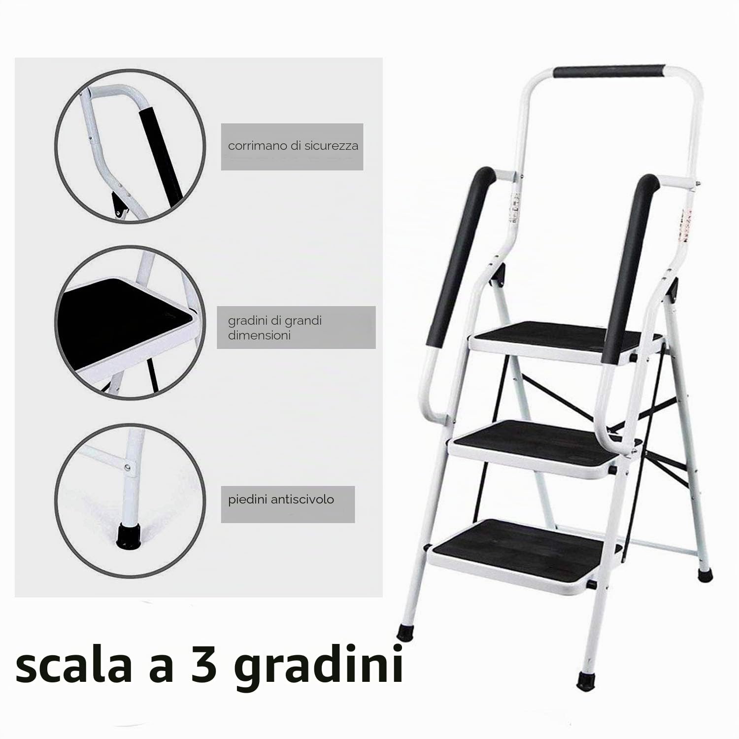 Scala a 3 gradini con corrimano di sicurezza, pieghevole, sicura, antiscivolo, struttura opaca e resistente, multiuso per la casa